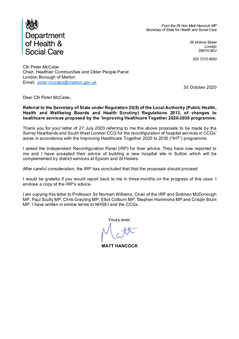 letter from Secretary of State for Health and Social Care