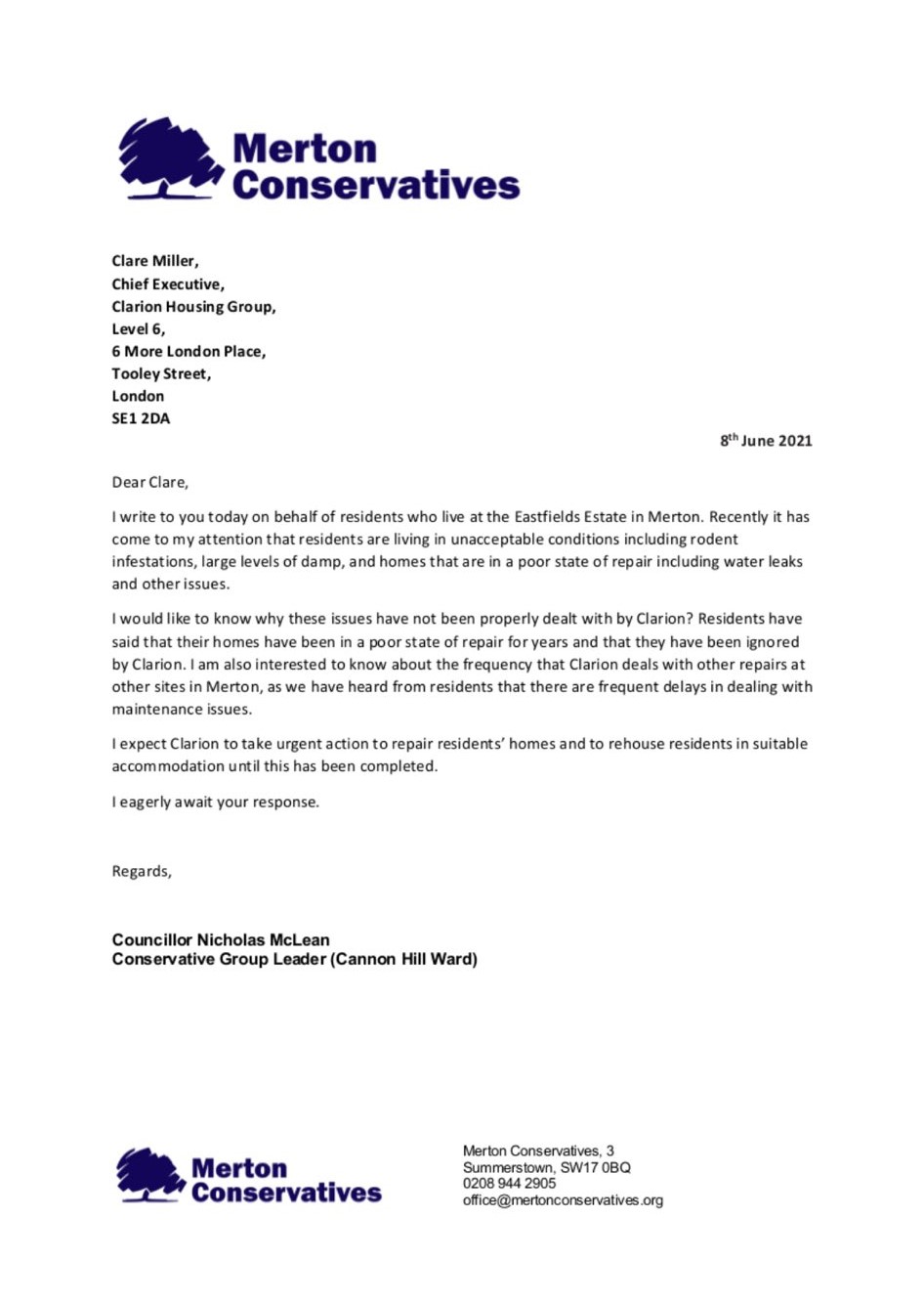 Letter from Cllr Nick McLean to the CEO of Clarion Housing Group. Dated June 8th.