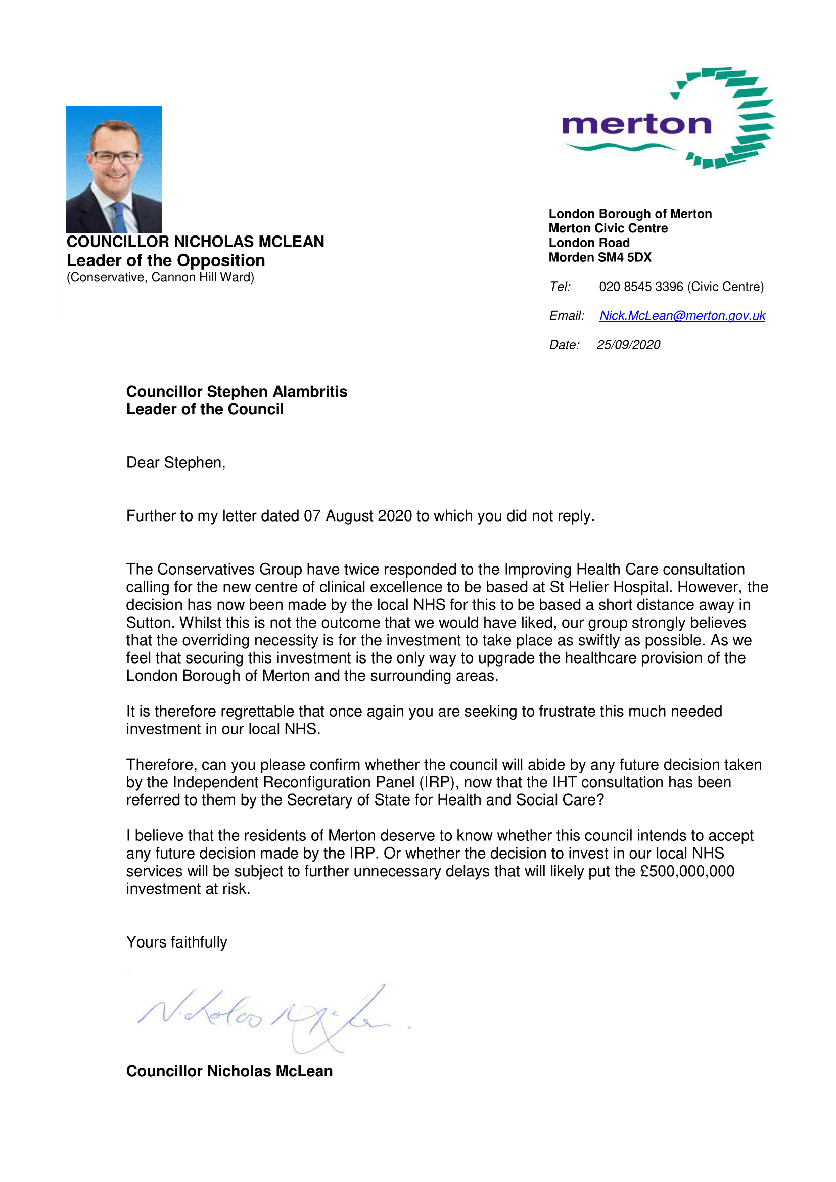 Letter to Stephen Alambritis
