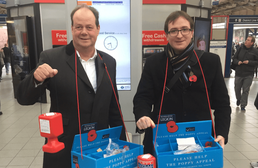 Conservative poppy sellers at Wimbledon station (left to right: Stephen Hammond MP and Cllr Daniel Holden.